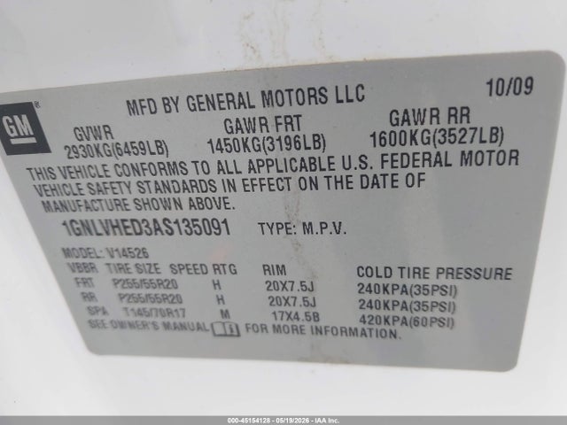 45154128 :رقم المزاد ، 1GNLVHED3AS135091 vin ، 2010 Chevrolet Traverse Ltz مزاد بيع