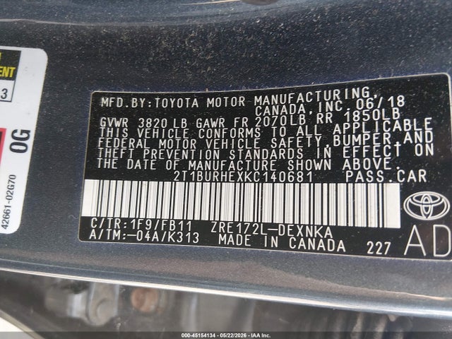2019 Toyota Corolla Le მანქანა იყიდება აუქციონზე, vin: 2T1BURHEXKC140681, აუქციონის ნომერი: 45154134
