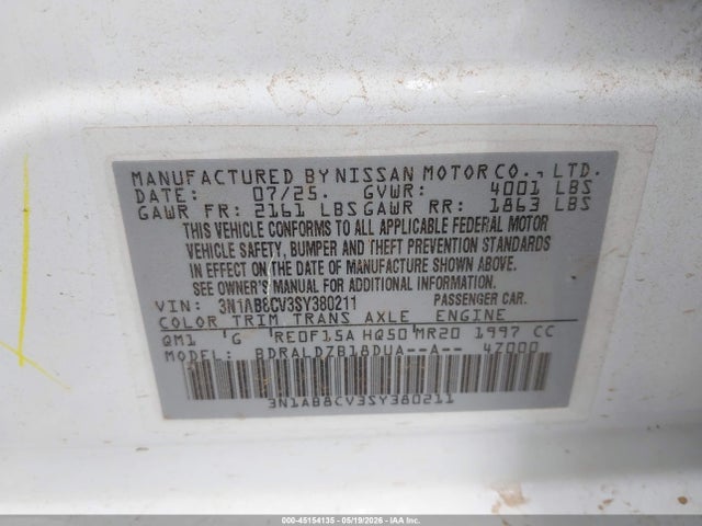 2025 Nissan Sentra Sv მანქანა იყიდება აუქციონზე, vin: 3N1AB8CV3SY380211, აუქციონის ნომერი: 45154135
