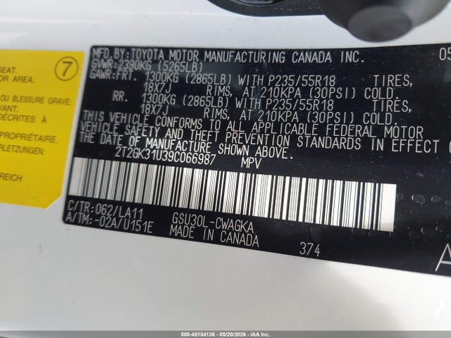 45154136 :رقم المزاد ، 2T2GK31U39C066987 vin ، 2009 Lexus Rx 350 مزاد بيع