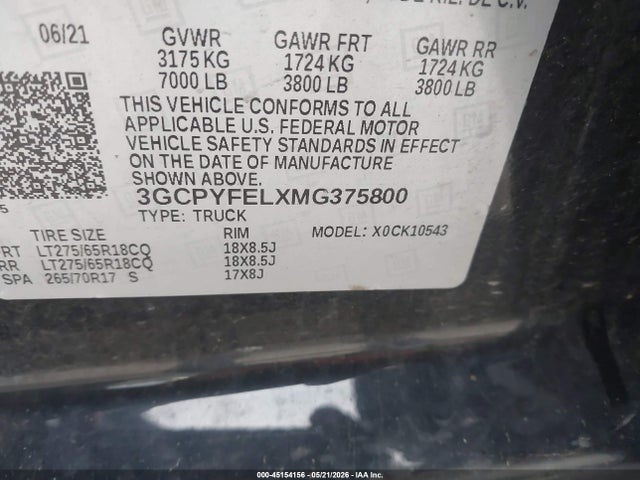 Продажа на аукционе авто 2021 Chevrolet Silverado 1500 4wd  Short Bed Lt Trail Boss, vin: 3GCPYFELXMG375800, номер лота: 45154156