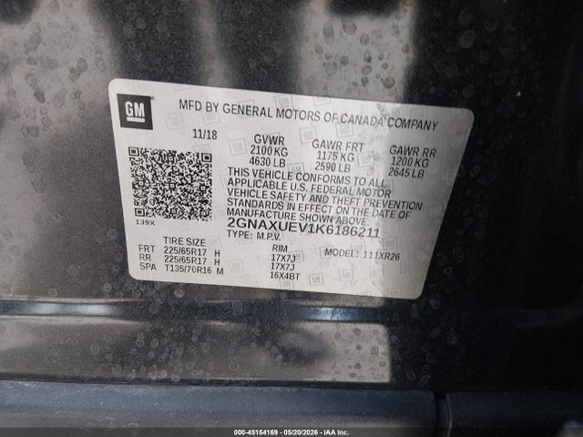 Aukcja sprzedaży 2019 Chevrolet Equinox Lt, vin: 2GNAXUEV1K6186211, numer aukcji: 45154169