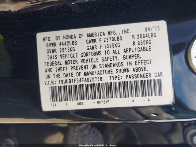 Auction sale of the 2015 Acura Tlx, vin: 19UUB1F34FA020758, lot number: 45154206