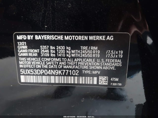 45154208 :رقم المزاد ، 5UX53DP04N9K77102 vin ، 2022 Bmw X3 Xdrive30i مزاد بيع