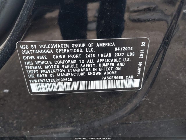2014 Volkswagen Passat 2.0l Tdi Sel Premium მანქანა იყიდება აუქციონზე, vin: 1VWCN7A3XEC092625, აუქციონის ნომერი: 45154221