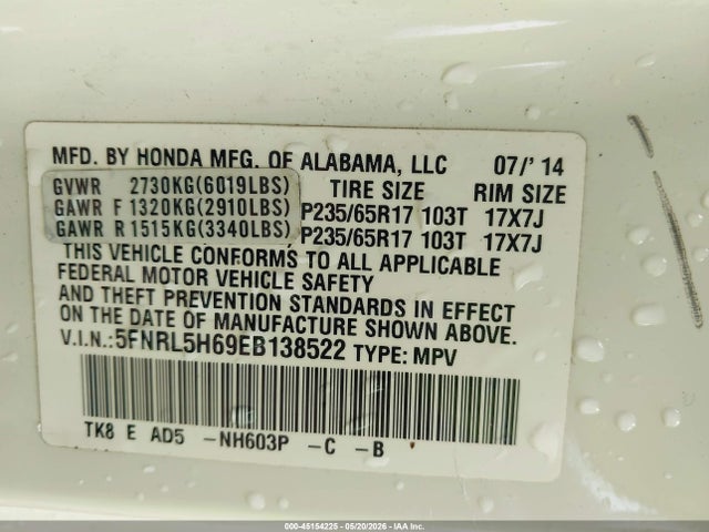 Aukcja sprzedaży 2014 Honda Odyssey Ex-l, vin: 5FNRL5H69EB138522, numer aukcji: 45154225