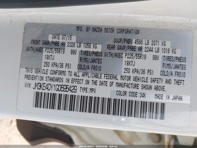 45154231 :رقم المزاد ، JM3KE4DY1G0695429 vin ، 2016 Mazda Cx-5 Grand Touring مزاد بيع
