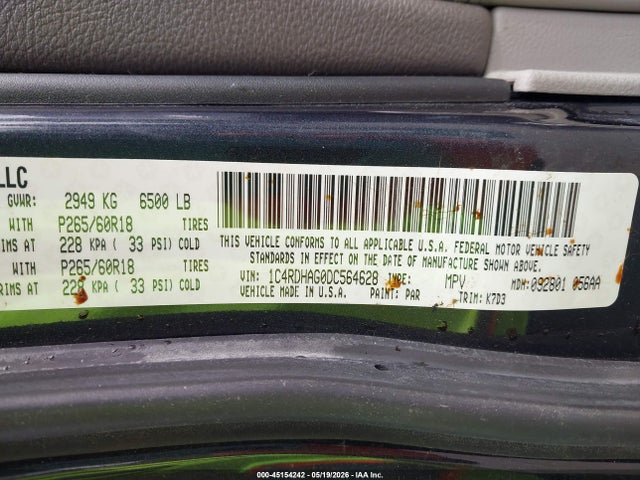 45154242 :رقم المزاد ، 1C4RDHAG0DC564628 vin ، 2013 Dodge Durango Sxt مزاد بيع