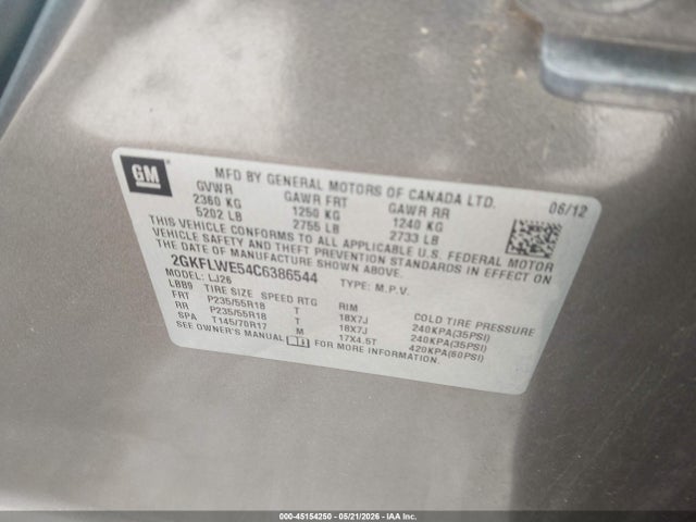 Aukcja sprzedaży 2012 Gmc Terrain Slt-2, vin: 2GKFLWE54C6386544, numer aukcji: 45154250