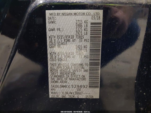 Aukcja sprzedaży 2018 Infiniti Qx60, vin: 5N1DL0MM8JC529892, numer aukcji: 45154256