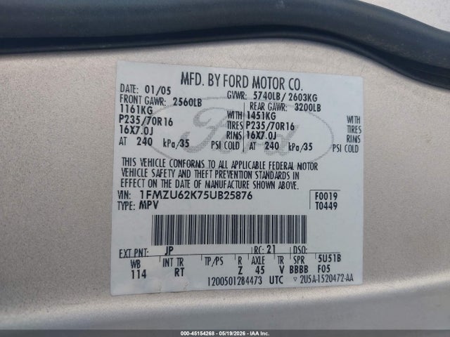 Aukcja sprzedaży 2005 Ford Explorer Xls/xls Sport, vin: 1FMZU62K75UB25876, numer aukcji: 45154268