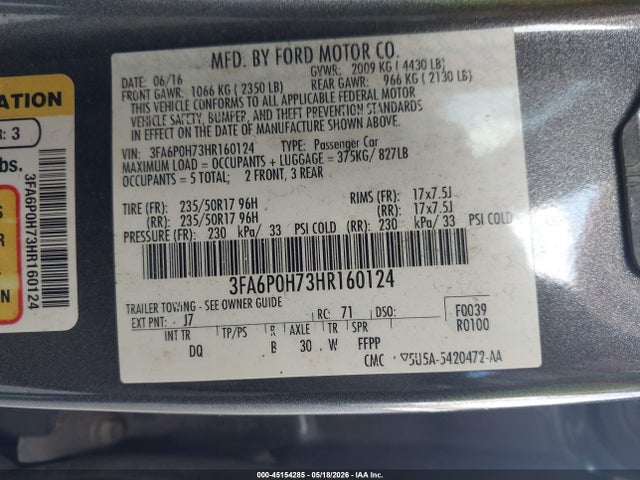 Aukcja sprzedaży 2017 Ford Fusion Se, vin: 3FA6P0H73HR160124, numer aukcji: 45154285