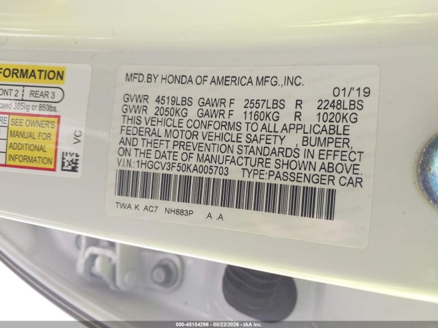 1HGCV3F50KA005703 Honda Accord Hybrid Ex-l