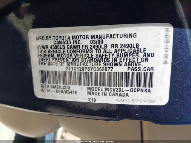 Aukcja sprzedaży 2000 Toyota Camry Solara Sle V6, vin: 2T1CF28P8YC362877, numer aukcji: 45154299