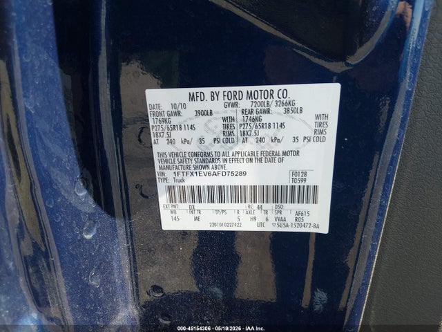 Aukcja sprzedaży 2010 Ford F-150 Fx4/lariat/xl/xlt, vin: 1FTFX1EV6AFD75289, numer aukcji: 45154306