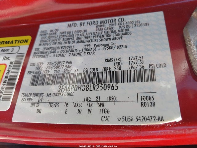 Продаж на аукціоні авто 2020 Ford Fusion Se, vin: 3FA6P0HD8LR250965, номер лоту: 45154313