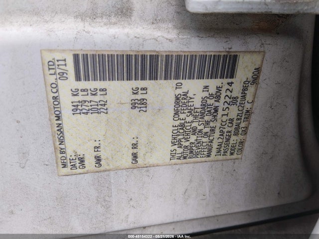 Aukcja sprzedaży 2012 Nissan Altima 2.5 S, vin: 1N4AL2AP7CC152224, numer aukcji: 45154322