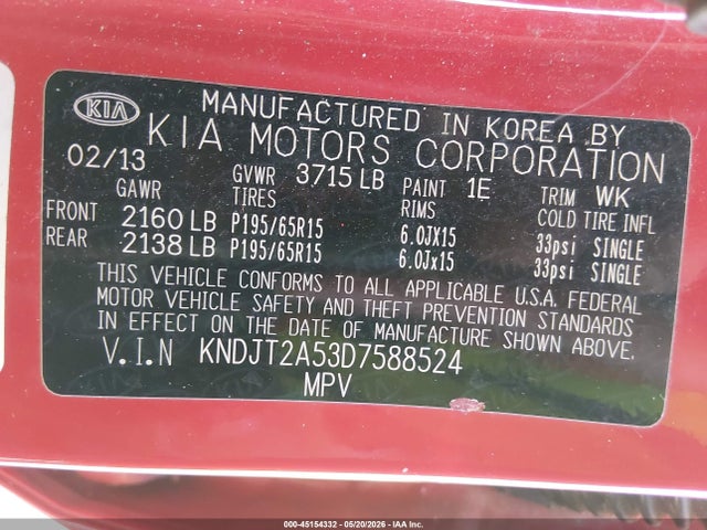 Продажа на аукционе авто 2013 Kia Soul, vin: KNDJT2A53D7588524, номер лота: 45154332