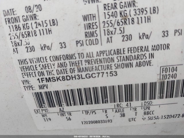 Aukcja sprzedaży 2020 Ford Explorer Xlt, vin: 1FMSK8DH3LGC77153, numer aukcji: 45154333
