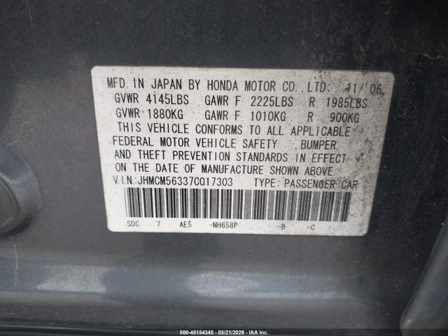 45154340 :رقم المزاد ، JHMCM56337C017303 vin ، 2007 Honda Accord 2.4 Se مزاد بيع
