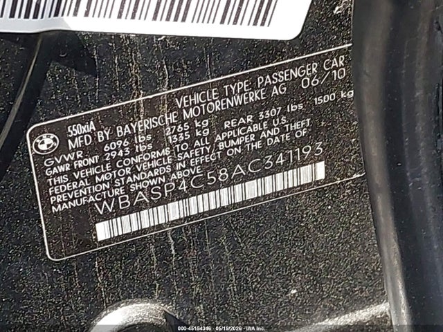 2010 Bmw 550i Gran Turismo Xdrive მანქანა იყიდება აუქციონზე, vin: WBASP4C58AC341193, აუქციონის ნომერი: 45154346