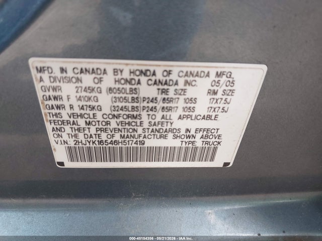 Aukcja sprzedaży 2006 Honda Ridgeline Rtl, vin: 2HJYK16546H517419, numer aukcji: 45154356