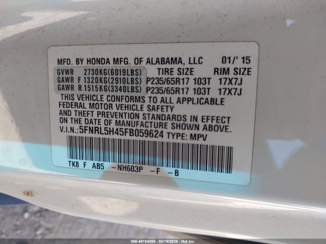Aukcja sprzedaży 2015 Honda Odyssey Ex, vin: 5FNRL5H45FB059624, numer aukcji: 45154358
