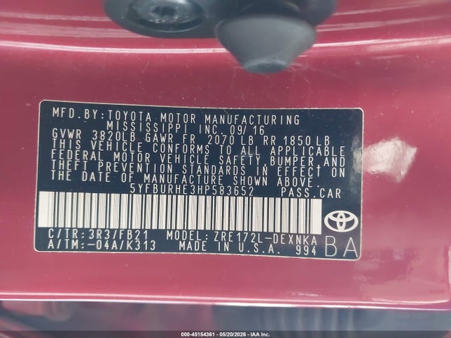 Aukcja sprzedaży 2017 Toyota Corolla Le, vin: 5YFBURHE3HP583652, numer aukcji: 45154361