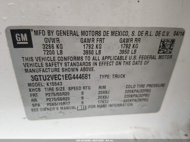 Aukcja sprzedaży 2014 Gmc Sierra 1500 Slt, vin: 3GTU2VEC1EG444681, numer aukcji: 45154368