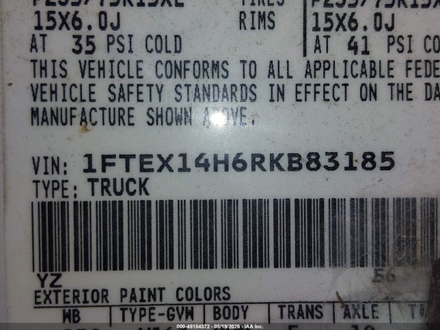 45154372 :رقم المزاد ، 1FTEX14H6RKB83185 vin ، 1994 Ford F150 مزاد بيع