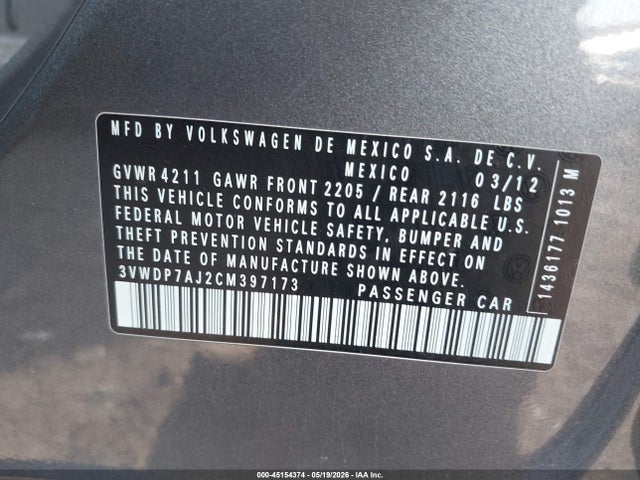 Продажа на аукционе авто 2012 Volkswagen Jetta 2.5l Se, vin: 3VWDP7AJ2CM397173, номер лота: 45154374