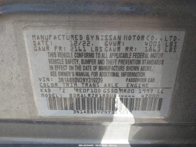 Aukcja sprzedaży 2022 Nissan Sentra Sr Xtronic Cvt, vin: 3N1AB8DV2NY319239, numer aukcji: 45154402