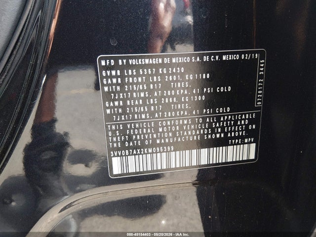 Auction sale of the 2019 Volkswagen Tiguan 2.0t S, vin: 3VV0B7AX2KM095399, lot number: 45154403