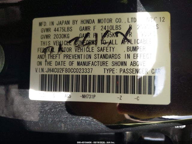 45154406 :رقم المزاد ، JH4CU2F80CC023337 vin ، 2012 Acura Tsx 2.4 مزاد بيع