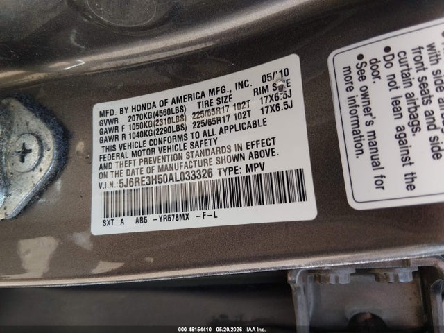 2010 Honda Cr-v Ex მანქანა იყიდება აუქციონზე, vin: 5J6RE3H50AL033326, აუქციონის ნომერი: 45154410