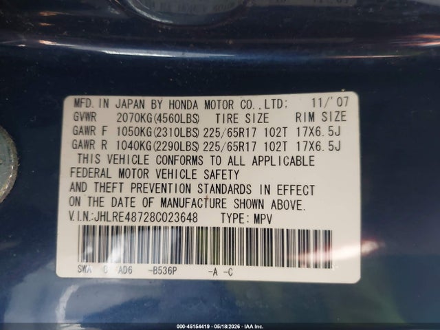 Aukcja sprzedaży 2008 Honda Cr-v Ex-l, vin: JHLRE48728C023648, numer aukcji: 45154419