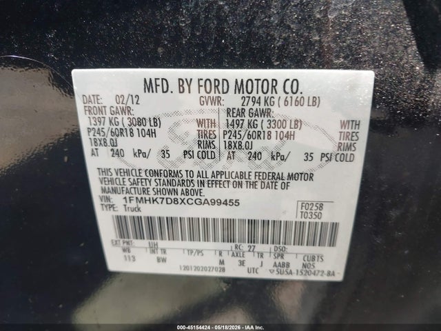 Продаж на аукціоні авто 2012 Ford Explorer Xlt, vin: 1FMHK7D8XCGA99455, номер лоту: 45154424