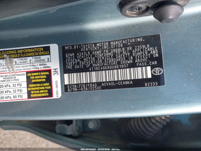 Продаж на аукціоні авто 2009 Toyota Camry Le, vin: 4T1BE46K89U861857, номер лоту: 45154425