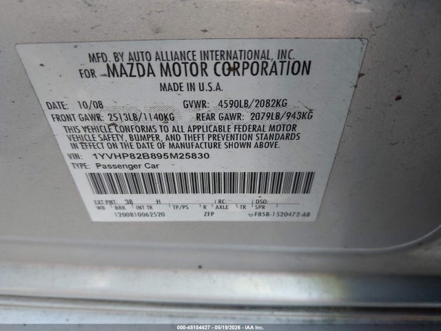 45154427 :رقم المزاد ، 1YVHP82B895M25830 vin ، 2009 Mazda Mazda6 S Touring مزاد بيع