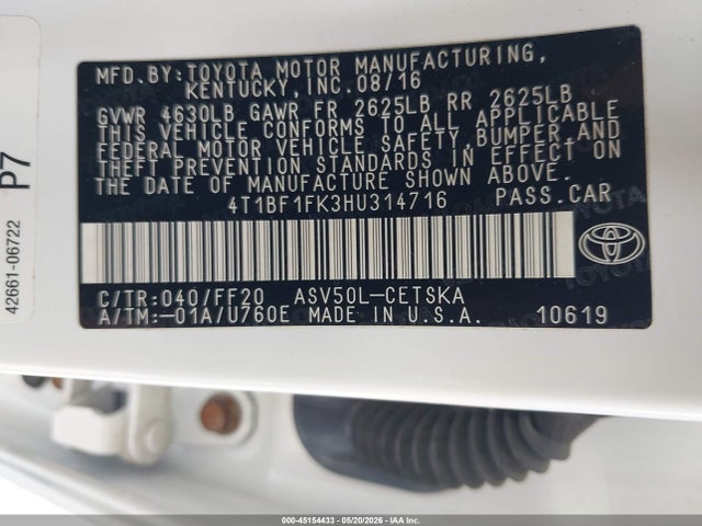 45154433 :رقم المزاد ، 4T1BF1FK3HU314716 vin ، 2017 Toyota Camry Se مزاد بيع