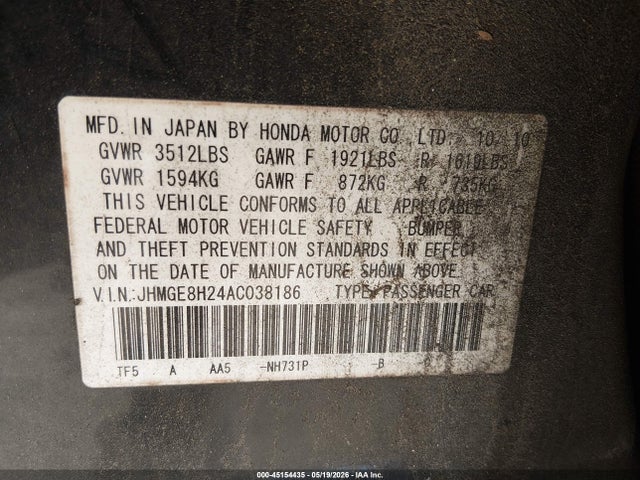 Продаж на аукціоні авто 2010 Honda Fit, vin: JHMGE8H24AC038186, номер лоту: 45154435