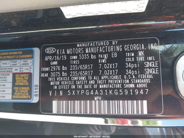 Продаж на аукціоні авто 2019 Kia Sorento 2.4l L, vin: 5XYPG4A31KG591947, номер лоту: 45154437