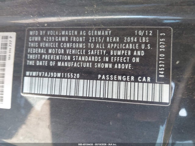 Aukcja sprzedaży 2013 Volkswagen Gti 2-door, vin: WVWFV7AJ9DW115520, numer aukcji: 45154438