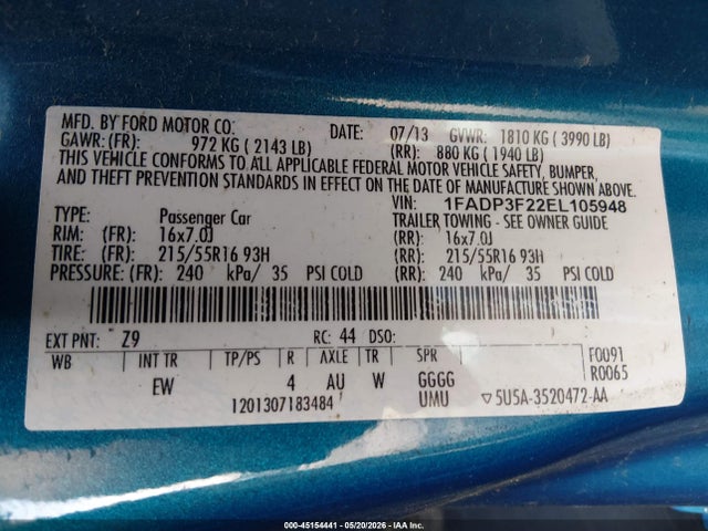 2014 Ford Focus Se მანქანა იყიდება აუქციონზე, vin: 1FADP3F22EL105948, აუქციონის ნომერი: 45154441