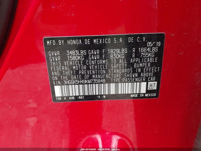 45154449 :رقم المزاد ، 3HGGK5H49KM735848 vin ، 2019 Honda Fit Lx مزاد بيع