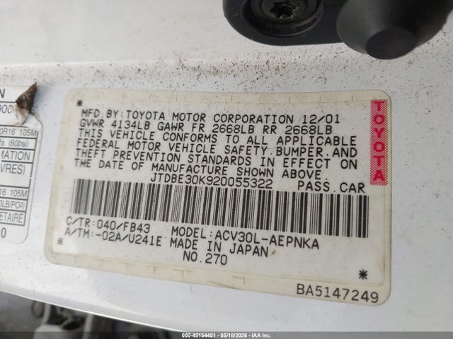 Aukcja sprzedaży 2002 Toyota Camry Le, vin: JTDBE30K920055322, numer aukcji: 45154451