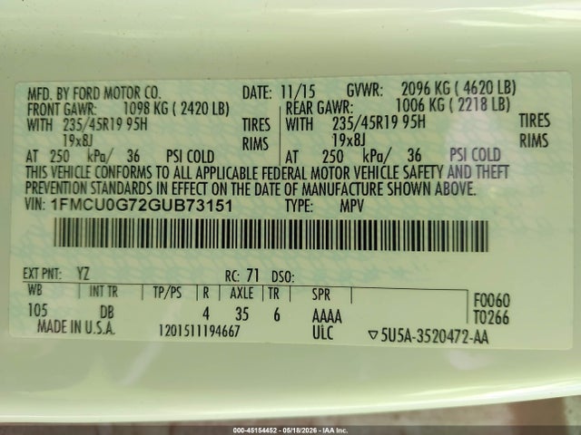 45154452 :رقم المزاد ، 1FMCU0G72GUB73151 vin ، 2016 Ford Escape Se مزاد بيع