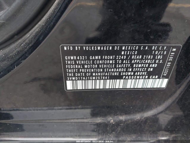 Продаж на аукціоні авто 2016 Volkswagen Jetta 1.8t Sport, vin: 3VWD17AJ1GM257641, номер лоту: 45154454