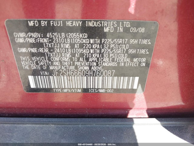 2009 Subaru Forester 2.5xt Limited მანქანა იყიდება აუქციონზე, vin: JF2SH66609H760087, აუქციონის ნომერი: 45154460