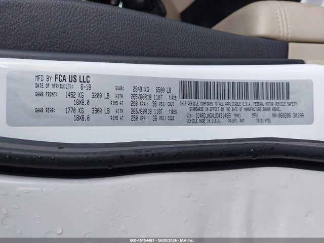 Продажа на аукционе авто 2018 Dodge Durango Sxt Awd, vin: 1C4RDJAG4JC431499, номер лота: 45154461